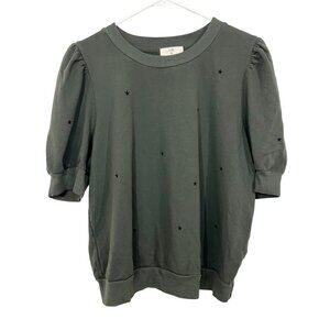 Anthropologie t.la Green Star Embroidered Puff Sleeve Sweatshirt Top Size Small